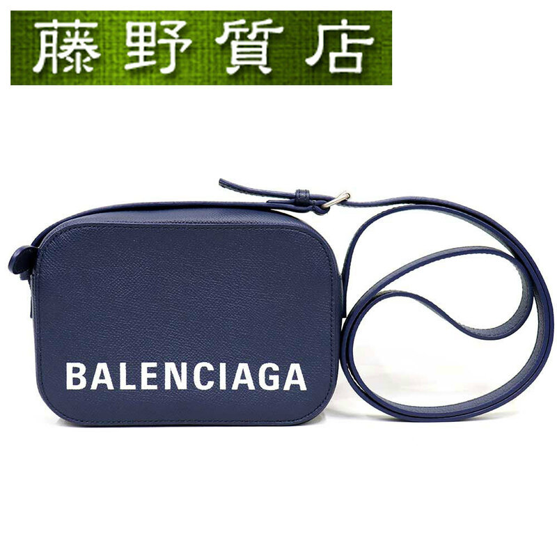 （美品）バレンシアガ BALENCIAGA ヴィル カメラ バッグ XS ミニショルダー 斜め掛け 型押しレザー ネイビー 558171 ロゴ 8093