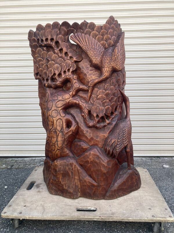 【7倉】木彫り彫刻 衝立 鶴 松 重厚 一枚板 置物 玄関飾り 高さ108cm オブジェ 細密彫刻 縁起物 浮彫
