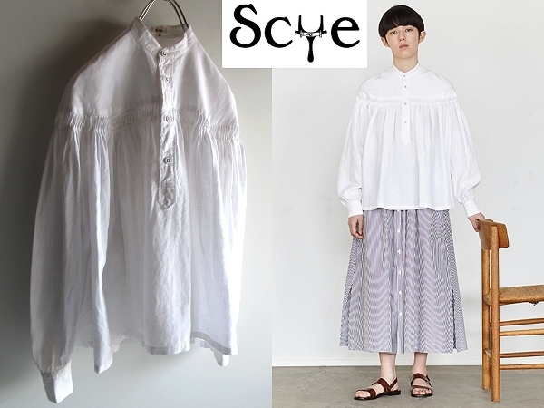 定番 Scye サイ 2018SS リネン高密度タックロングスリーブブラウス バンドカラー ギャザーシャツ 38 白 ホワイト 麻100％ 日本製