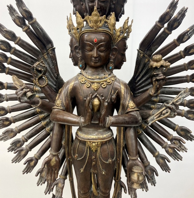■送料無料■チベット 密教 仏像 真鍮製 銅製 特大 千手観音像 精密 仏教 時代物 古美術 オブジェ 全高約180㎝ 総重量約80㎏以上 /P