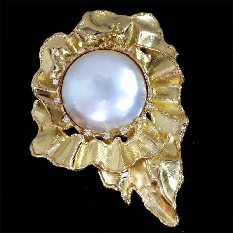 F1069 美しい大粒マベ真珠２３．００mm 天然上質ダイヤモンド０．１２ct 最高級18金無垢ビッグブローチ/ペンダントトップ