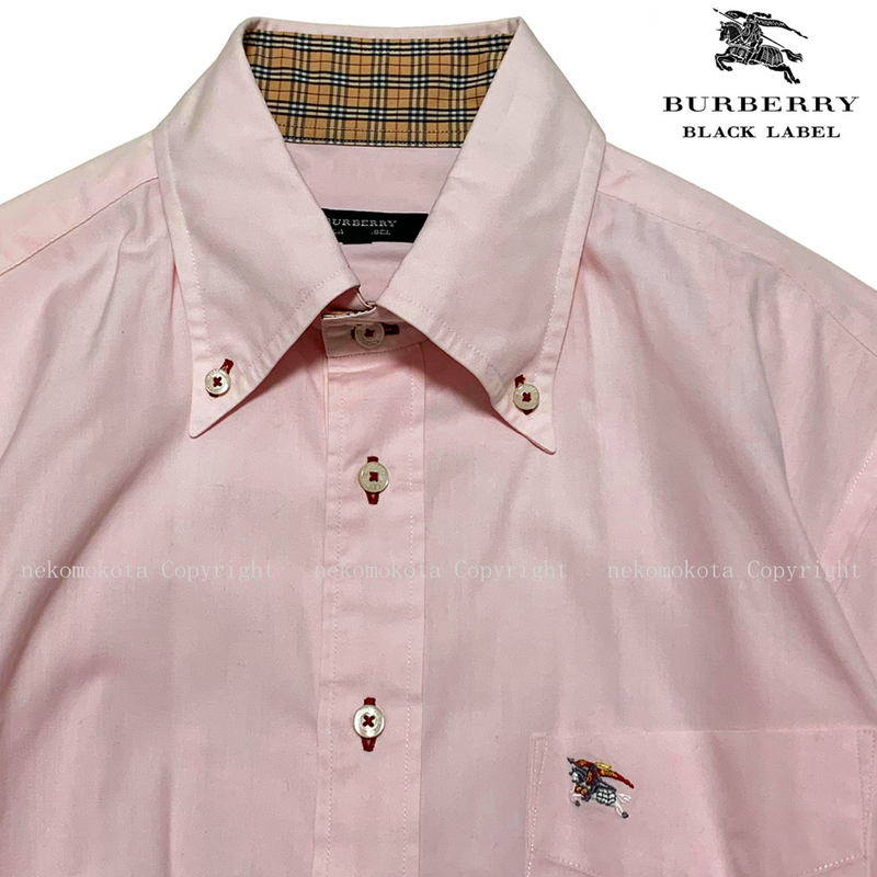 バーバリーブラックレーベル ロゴ刺繍 ノバチェック ボタンダウン 半袖 BD シャツ 2 (M) ピンク メンズ BURBERRY BLACK LABEL