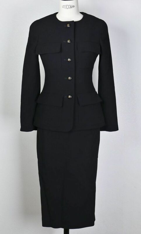 93P CHANEL シャネル ウール ココマーク ボタン ジャケット ロング スカート ブラック スーツ 34 b4698