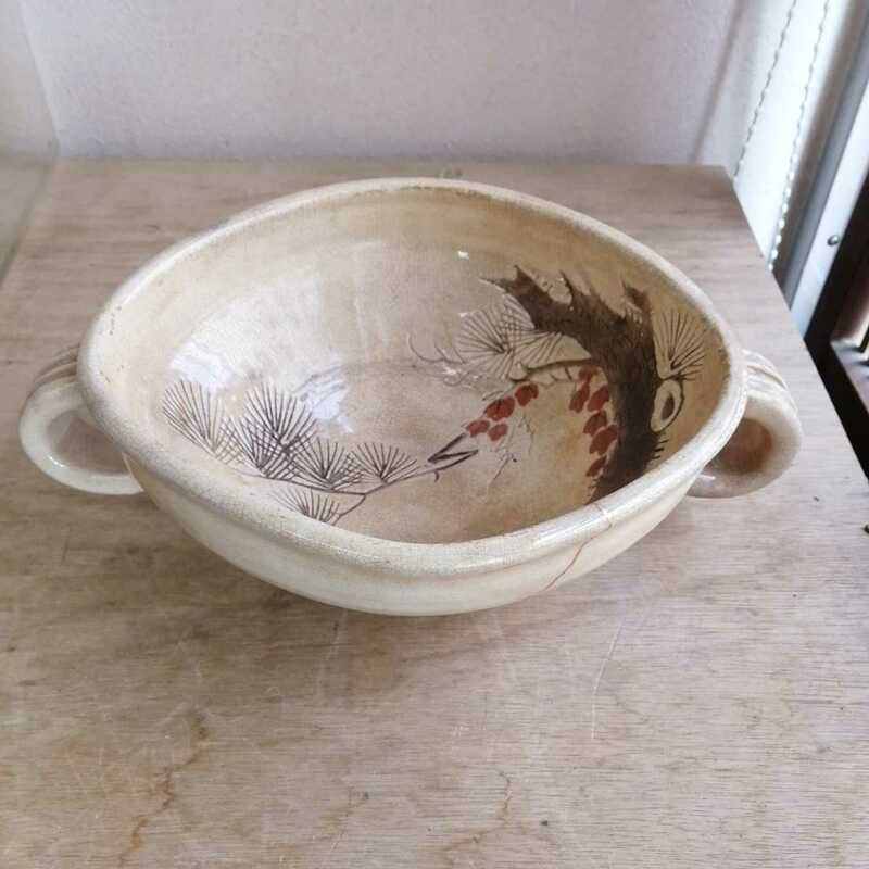 鉢　耳付き　松の図　金継ぎ　手提げ鉢　骨董　アンティーク　陶器　
