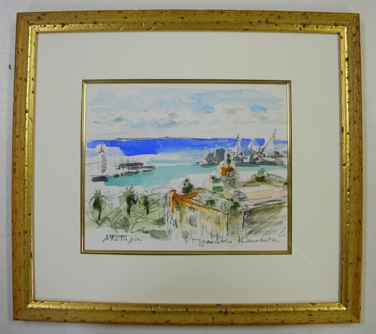 ★水彩画 「マラガ眺望」 川端保子　P3 風景画 額入り★ 【4495】