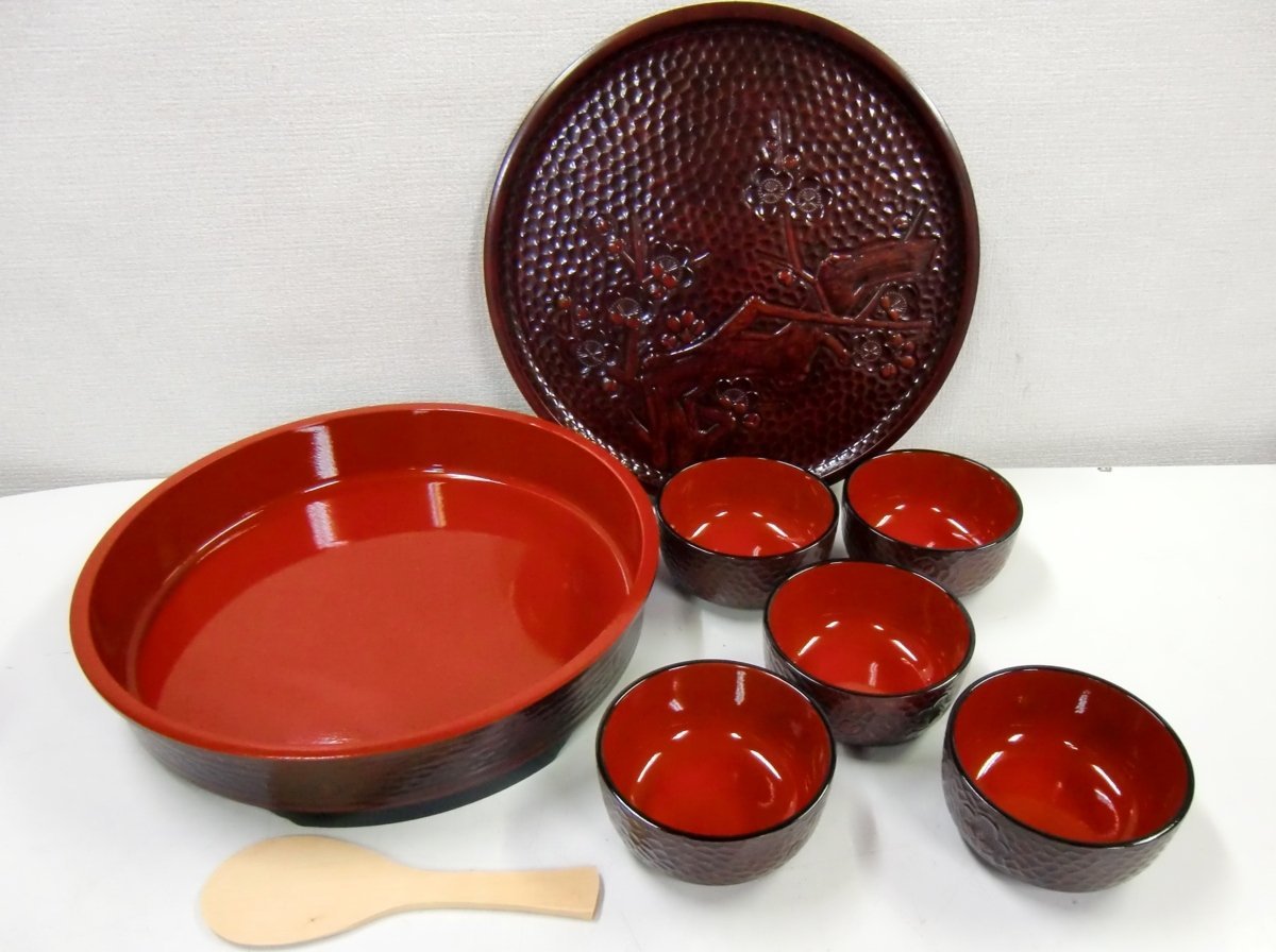 ◆中山漆器 おひつ しゃもじ お椀 5客セット 和食器 ちらし寿司 合成漆器◆ 【イ716】
