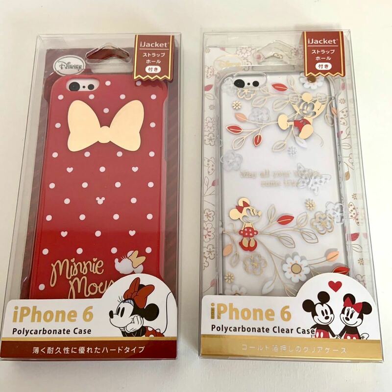 未開封 ディズニー Disney iPhone6 スマホケース 2点セット ストラップホール付き ミッキー&ミニー リボン柄 ハードタイプ iPhoneケース