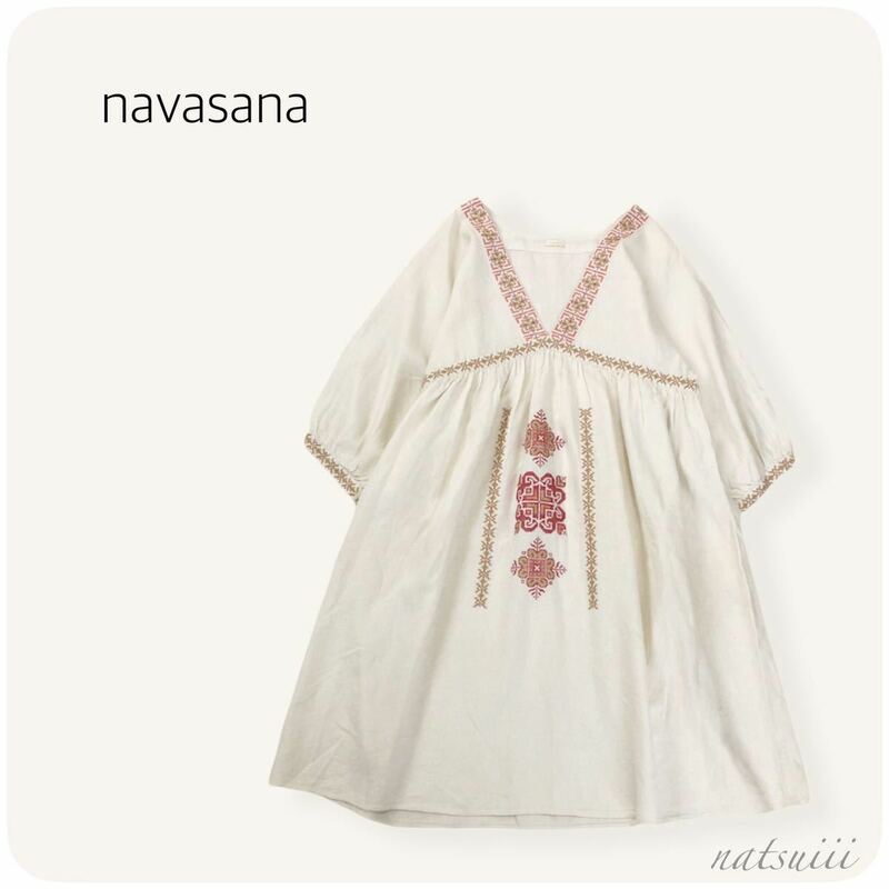 navasana ナバアサナ . リネン レーヨン Ｖネック クロスステッチ 刺繍 ギャザー ワンピース 送料無料