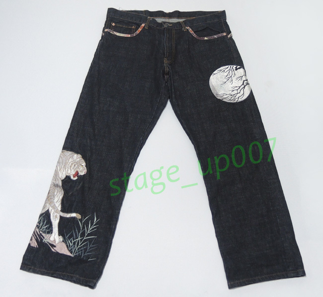 美品！　花旅楽団 SCRIPT／満月白虎刺繍 ワンウォッシュジーンズ・13.5OZデニムパンツ SP-911/size38 ／管OFLZ