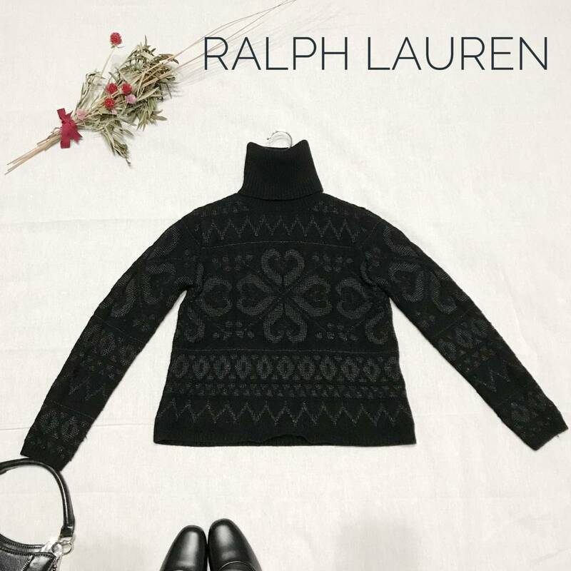 美品★厳選　定価4万　RALPH LAUREN　ラルフローレン　柄長袖ハイネックニット　ブラック　M