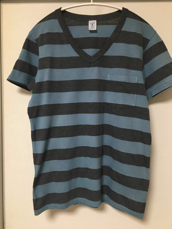 ◆【人気】VELVA SHEEN ベルバシーン/ ボーダーＶネックポケットTシャツ / SAX-BLUE×CHARCOAL S size