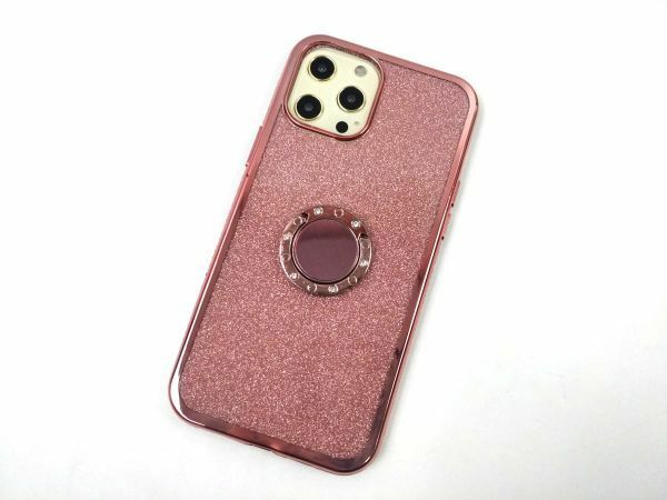 iPhone 12 Pro Max用 スマホリング付き ラインストーン キラキラ ソフトカバー ケース ピンク