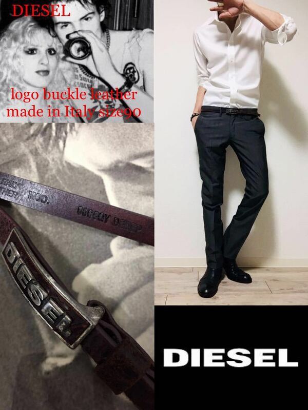 正規 DIESEL ロゴバックル レザーベルト ディーゼル シルバープレートバックル ナローモデル★