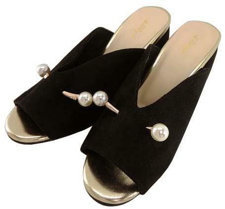 SG1357-2■ 新品 靴 パールモチーフ ミュール サンダル Vカット チャンキーヒールで歩きやすい Lサイズ( 24.0cm～ 24.5cm) 黒 ブラック