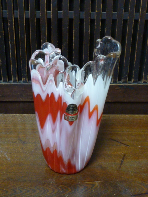 昭和レトロ　マーブルガラス 花瓶 KURATA 赤 白 クリア クラタクラフト フラワーベース インテリア ディスプレイ 什器