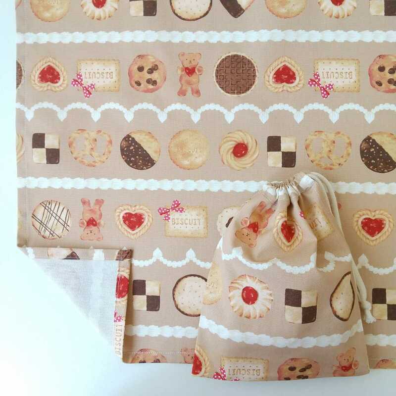 40×60☆ランチョンマット クッキー柄 大 新品 ハンドメイド 巾着袋 セット お菓子 給食袋 ブラウン