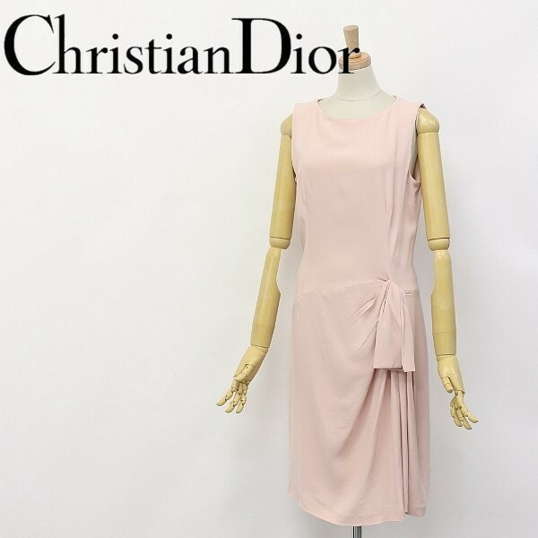 ◆Christian Dior/クリスチャンディオール サイドドレープ タック ノースリーブ ワンピース ベビーピンク 42
