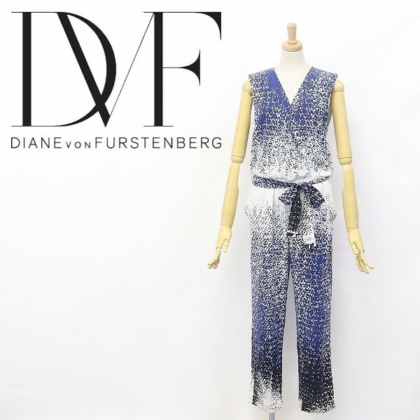 ◆DIANE von FURSTENBERG/ダイアンフォン ファステンバーグ KAWENA シルク100％ 総柄 カシュクール風 リボンベルト付 オールインワン 2