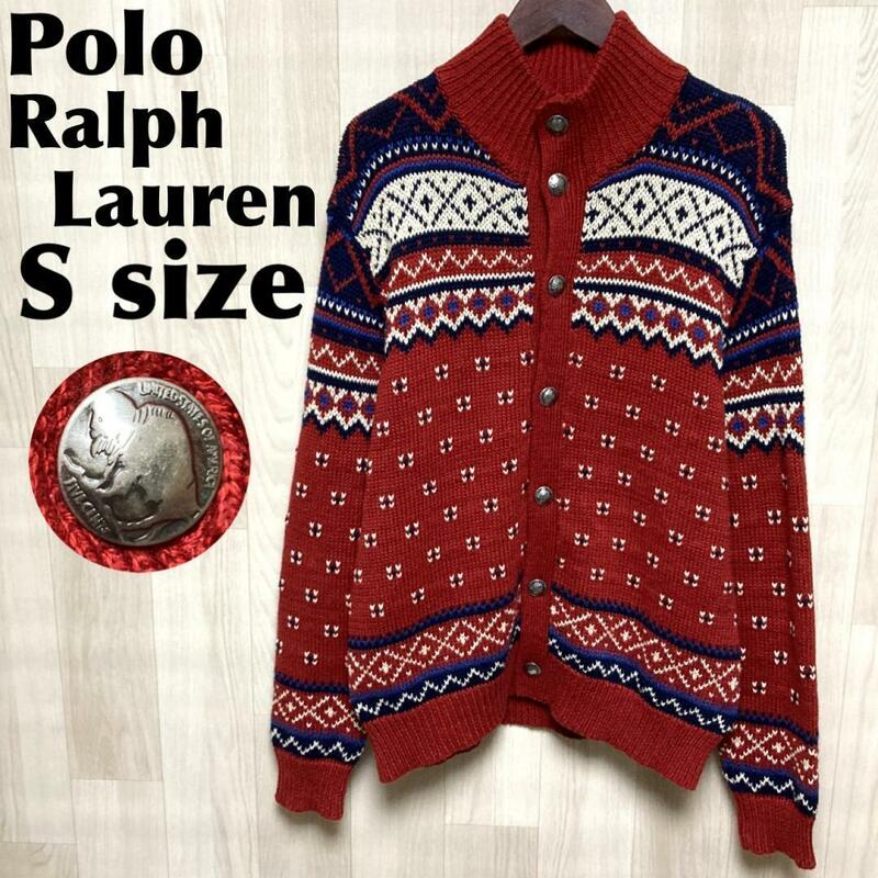 美品【メタルボタン】POLO RALPH LAUREN 硬貨 ノルディック柄 ニット セーター インターシャ編み モックネックカーディガン レッド Sサイズ