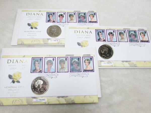ダイアナ妃追悼５ポンド白銅貨 1995年 メモリアルコイン 切手カバー(PNC) ３枚セット 美品