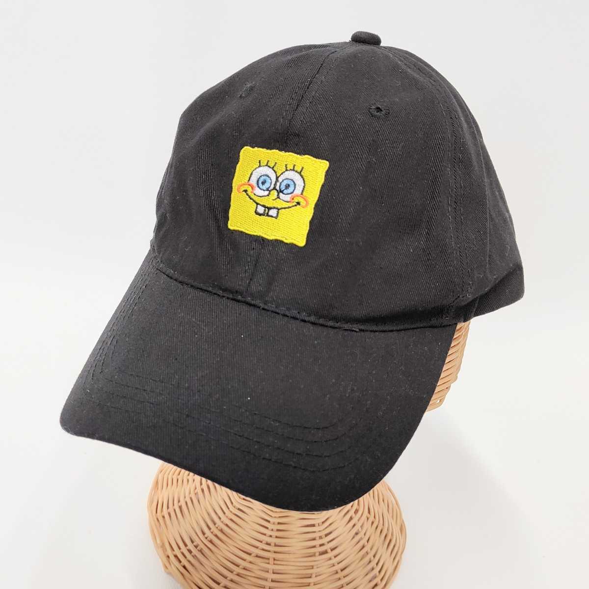 【美品】スポンジボブ　キャラクター刺繍キャップ　帽子　ブラック　フリーサイズ　ポリエステル100％