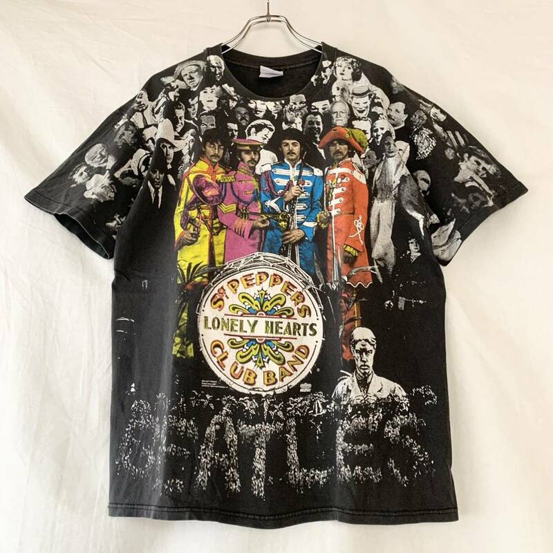 90s THE BEATLES Sgt. Pepper's Lonely Hearts Club Band Tシャツ L ヴィンテージ ザ・ビートルズ モスキートヘッド 総柄 バンドT ロックT