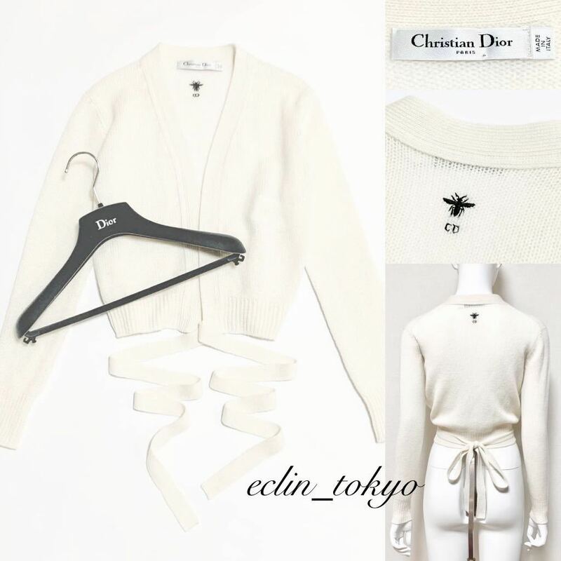 【E3425】新品同様！Christian Dior《最高級カシミヤ100%！》通年着用可能！抜群に美しいホワイト色 リボン ニット カーディガン マリア