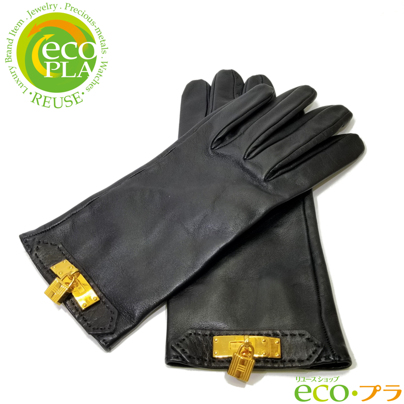 エルメス HERMES ケリー グローブ レディース 手袋 ブラック ゴールド金具 サイズ6 甲幅約8cm
