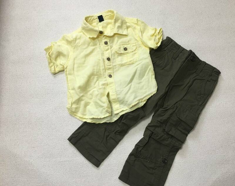 【美品】baby Gap ベビーギャップ リネン混半袖シャツ チノパン 黄色 カーキ90 95 男の子用キッズ春夏2点セットまとめ【匿名配送】