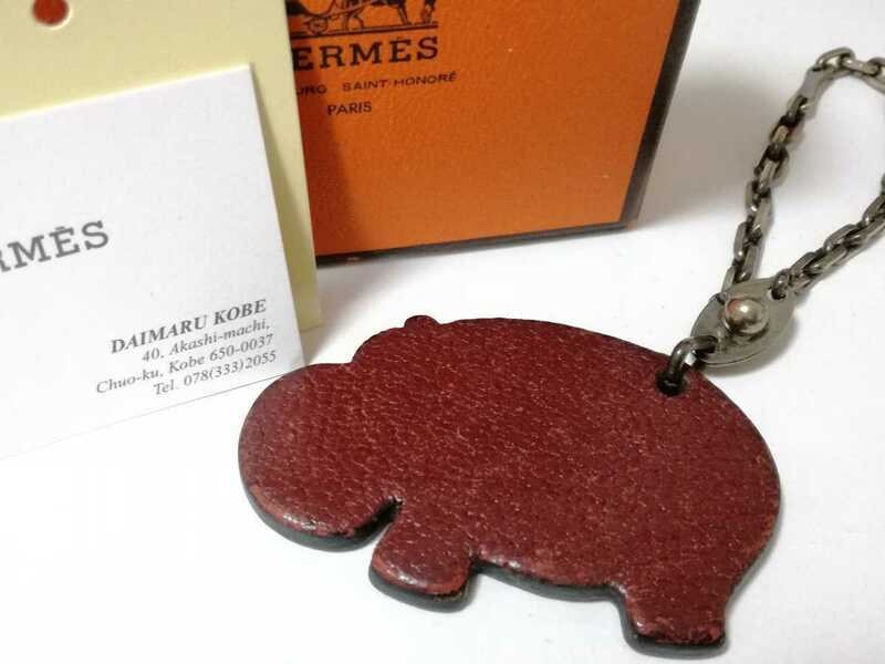 HERMES エルメス チャーム カバ アニマル キーホルダー レザー ダークブラウン ストラップ 