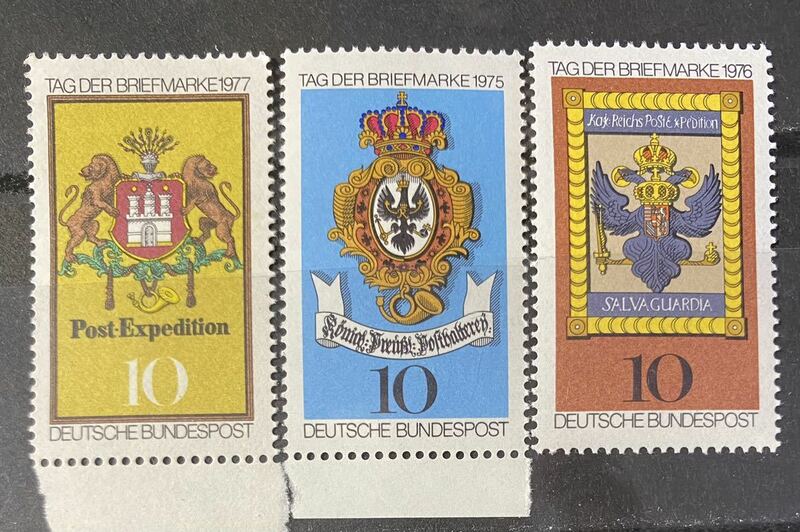 ドイツ切手の日★ 遠征後、郵便局の看板、郵便輸送のための王領プロイセンの設立、カクライヒス遠征後のサルバガルディア1975,76,77年b2