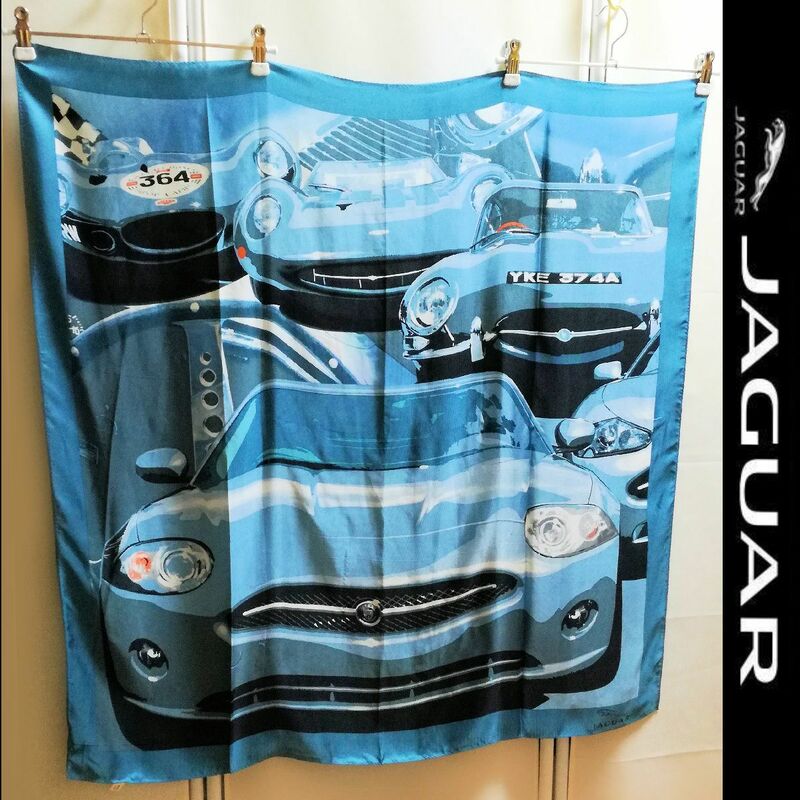 JAGUAR XK ジャガー ランドローバージャパン 車柄 日本製 シルク 絹100％ スカーフ 青 ブルー 青緑 ブルーグレー カッコイイ クール レア