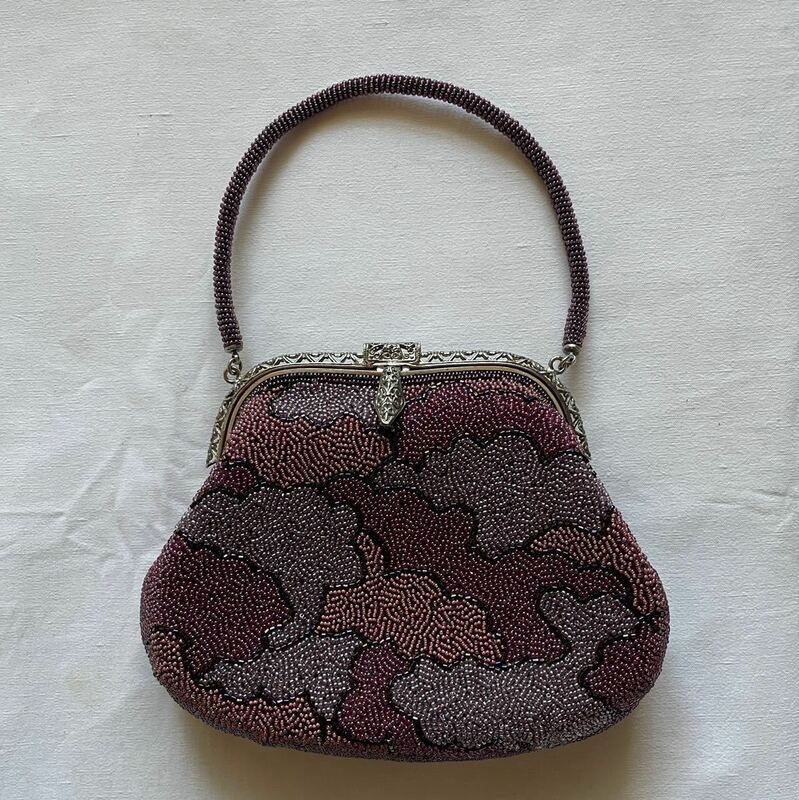 ビーズバッグ 紫 雲 シルバー がま口 昭和 日本製 Japanese beads, vintage purse handbag