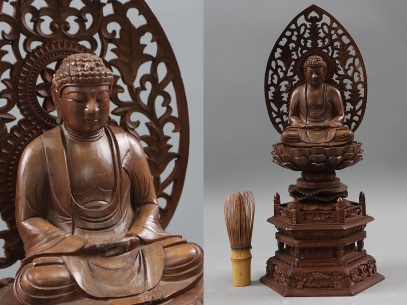 時代 仏教美術 木造 釈迦如来像 高34cm 仏像 木彫 細密細工 古美術品 [a1040]
