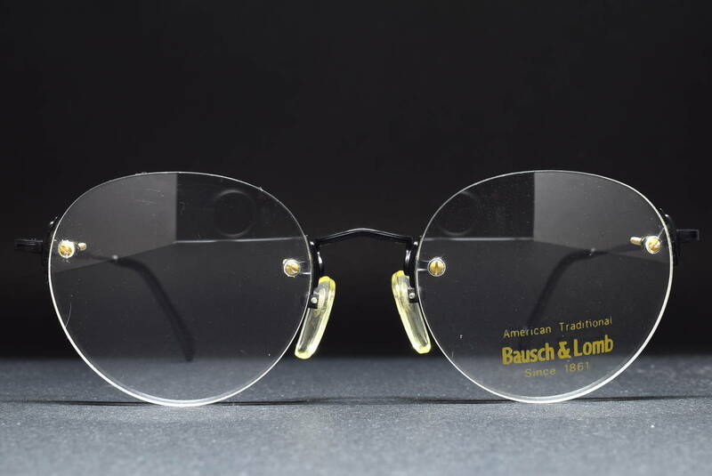 デッドストック Bausch & Lomb 066 B 52-20 ツーポイント ラウンド メガネ サングラス フレーム ヴィンテージ ボシュロム 縁なし ブラック