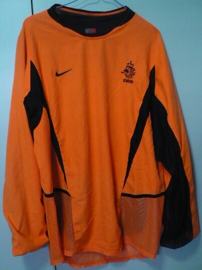 レア物？2002-03NIKE(ナイキジャパン)製オランダ代表2重レイヤー(インナー一体)選手仕様長袖(H)ユニフォーム　Ｌ　オレンジ×黒