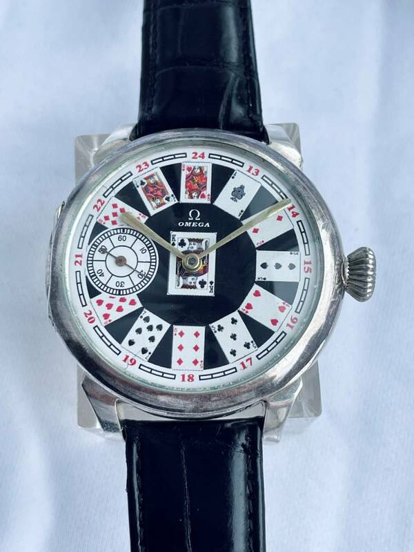 1912年 オメガ懐中時計ムーブメント＆銀無垢ケース使用 カスタム腕時計 トランプ文字盤