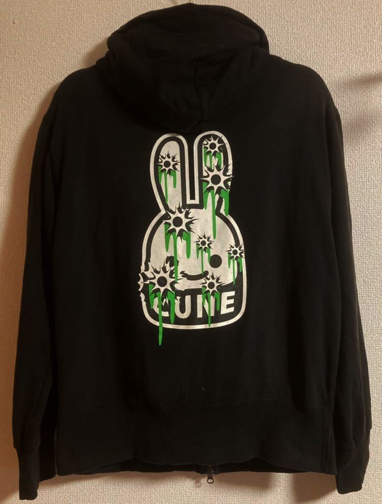 激レア珍品 ブチ抜きCUNEキューン ジップパーカー M スマイル 古着ビンテージ好きに ブラック 黒 パロディ オリジナル スエット