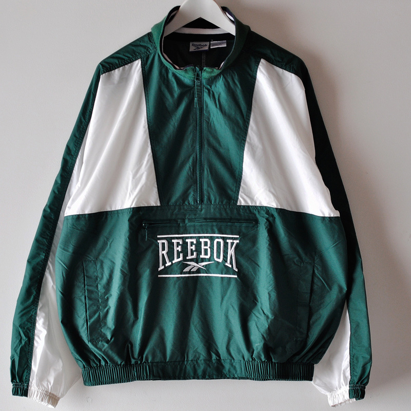 美品 90s Reebok リーボック ナイロン アノラック ジップ プルオーバー ジャケット 白 グリーン M 刺繍ロゴ ヴィンテージ オーバーサイズ