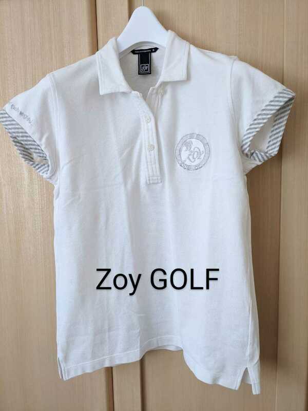 ZOY レディースM ゾーイ ゴルフ ブランドロゴ刺繍 半袖 リネン混 ポロシャツ M相当 日本製 正規品
