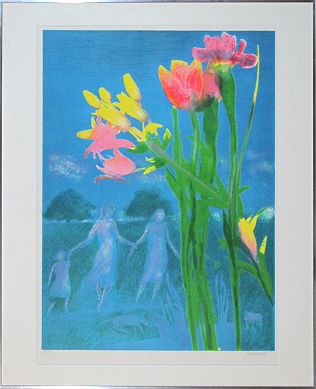 ギヤマン（青い背景の花々）リトグラフ 真性保証 Acre
