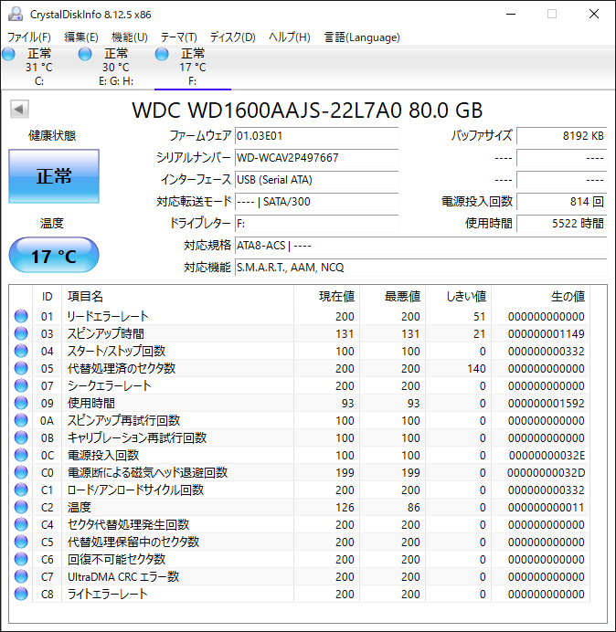 Serial ATA動作品　80GB/814回/5522H