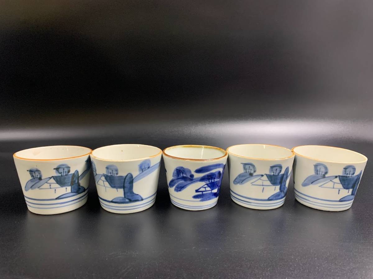【 アンティーク レトロ 染付 蕎麦猪口 5個 】つゆ入れ 大正 昭和 染物 麺つゆ 当時物 焼物 陶器