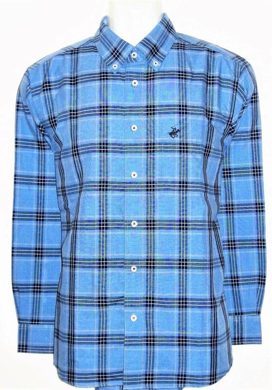 （メンズシャツ）ブルー系地に紺とグレーのチェック柄 長袖 ボタンダウン BEVERLY HILLS POLO CLUB ビバリーヒルズポロクラブ Ｌ-43 
