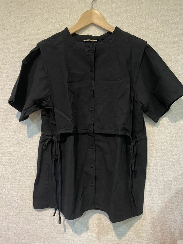 ♪半袖シャツ サマンサモスモス　Samansa Mos2 黒　半袖　紐　変わったデザイン　後ろセーラー襟風　USED レディースLサイズくらい♪