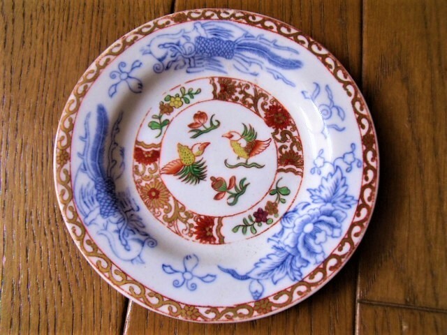 イギリス　アンティーク　スポード　花鳥紋　金彩小皿　ピンディッシュ