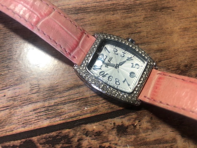 良品 FOLLI FOLLIE フォリフォリ S922Z1 デイト付き ラインストーン シルバーカラー 純正革ベルト ピンク系 クオーツ レディース 腕時計