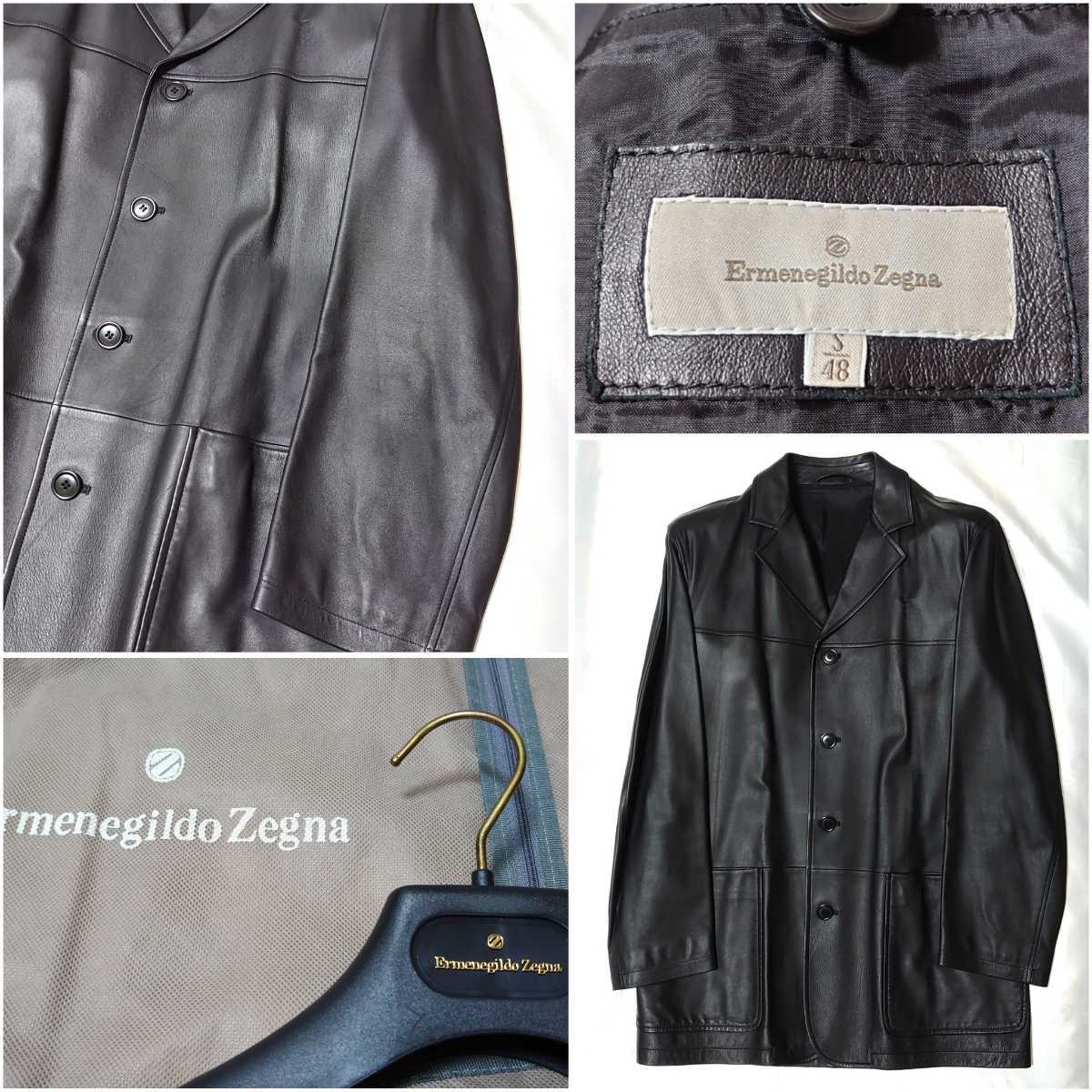 【新品￥50万【Ermenegildo Zegna エルメネジルド・ゼニア Made in ITALY【タグ48 日本M〜Lサイズ】羊革ラムナッパレザージャケット【艶黒