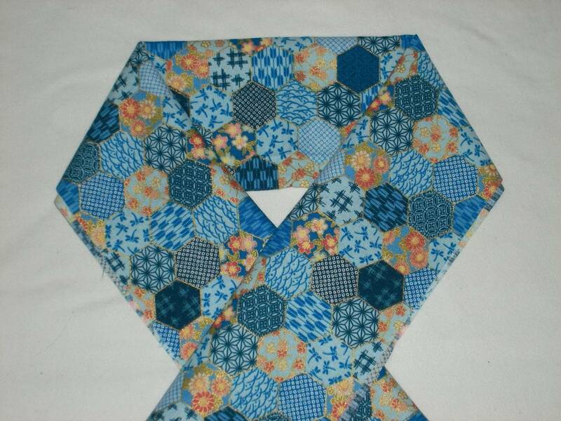 木綿の半衿、六角形に和の模様、ブルー