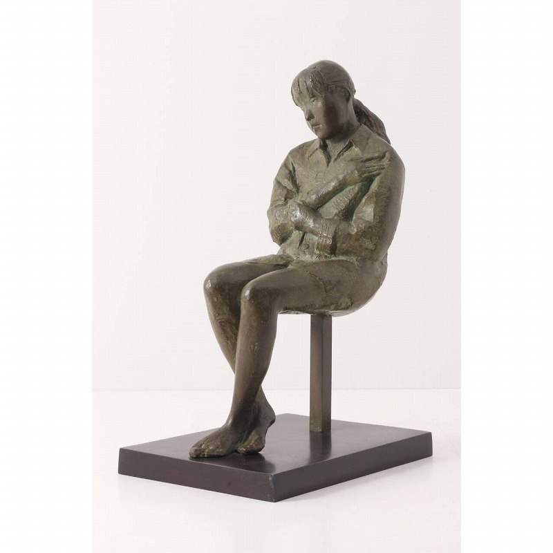 d01-6371[TOM] 森田やすこ ブロンズ 彫刻 高さ38cm 重さ8.4kg 女性像 銅像 オブジェ 置物 現代女流彫刻家 新制作協会会員